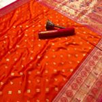 Orange Pure Soft Gold Zari Kanjivaram Paithani Silk Saree with Contrast Minakari Border & Heavy Zari Pallu