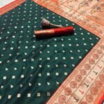 Dark Green Pure Soft Kanjivaram Paithani Silk Saree with Contrast Orange Minakari Border & Heavy Zari Pallu | Free Shipping | BanarasiSilkSaree.in