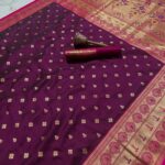 Wine Pure Soft Banarasi Silk Saree with Rich Golden Zari Weave & Floral Pallu | Free Shipping | BanarasiSilkSaree.in